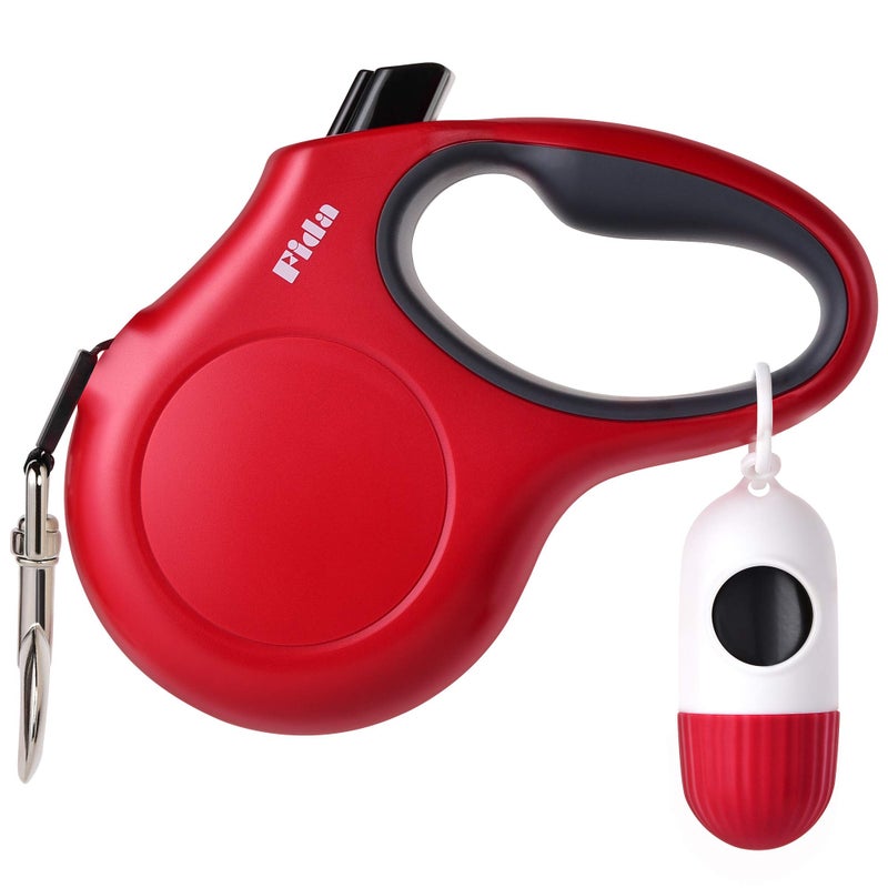 Fida Retractable Dog Leash with Dispenser and Poop Bags, 16 ft Pet Walking Leash for Small Dog or Cat up to 26 lbs, Anti-Slip Handle, Tangle Free, Reflective Nylon Tape (S, Red) - Image 1